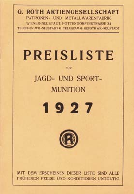 Patronen-Preisliste für Jagd- u. Sportmunition von G. Roth, 1927